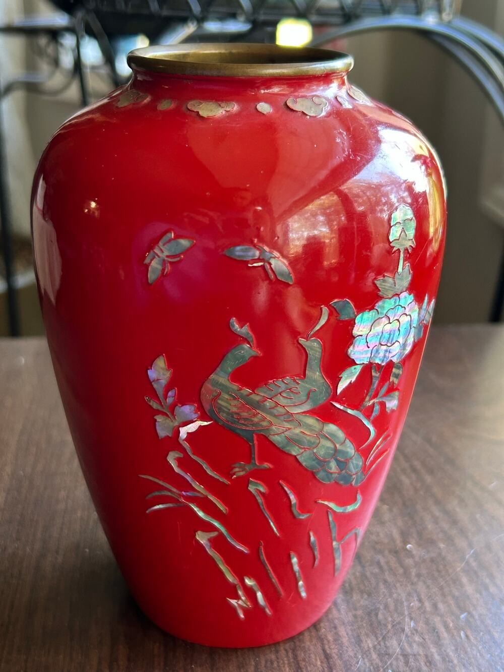 10" Vintage Korean Mother Of Pearl Inlaid Metal Vase